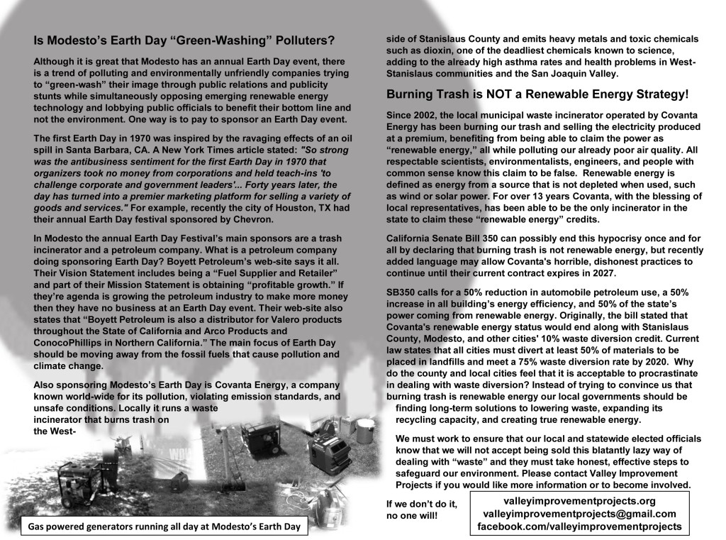 Flyer handed out at Modesto's Earth Day Festival 2015